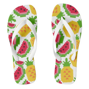 Tropical Watermelon and Pineapple Pixel Pattern Flip Flops