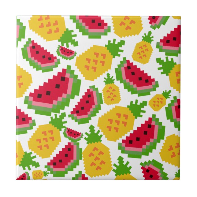Tropical Watermelon and Pineapple Pixel Pattern Tile (Front)