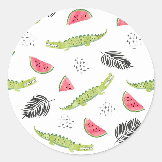 Tropical Watermelon & Crocodile Pattern Classic Round Sticker (Front)