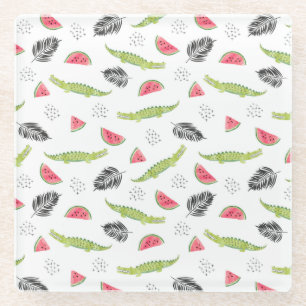 Tropical Watermelon & Crocodile Pattern Glass Coaster