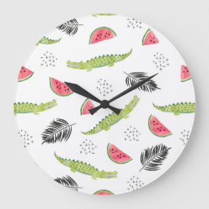 Tropical Watermelon & Crocodile Pattern Large Clock