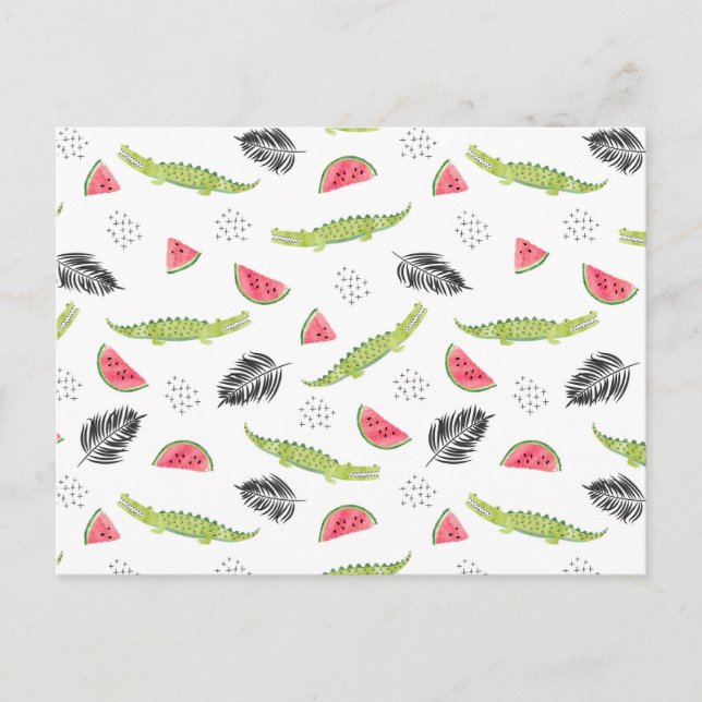 Tropical Watermelon & Crocodile Pattern Postcard (Front)