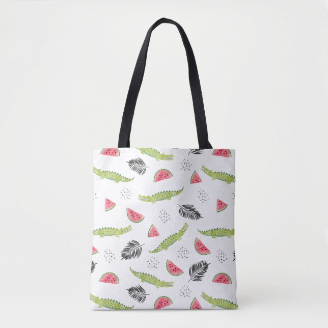 Tropical Watermelon & Crocodile Pattern Tote Bag (Front)
