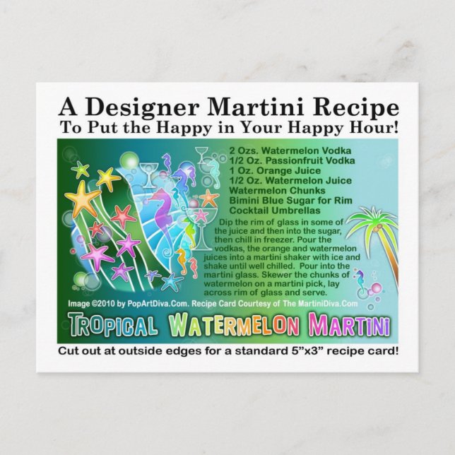 Tropical Watermelon Martini Recipe Card Postcard (Front)