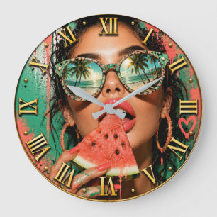 Tropical Watermelon Paradise Glam Woman Portrait Large Clock