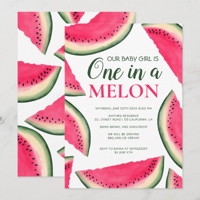 Tropical watermelon watercolor 1st birthday invitation (Front/Back)