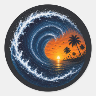 Tropical Wave Sunset Surf Logo Shirt   Ocean Vorte Classic Round Sticker