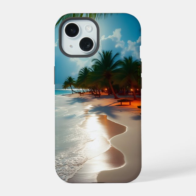 Tropical Waves Blue cloudy sky beach iPhone 15 Case (Back)