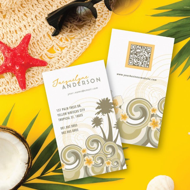 Tropical Waves Hibiscus Beach Summer Palm Trees Business Card (Tropical Waves Beach, Yellow Hibiscus, Summer Breeze AndPalm Trees Business Card @ fat_fa_tin)
