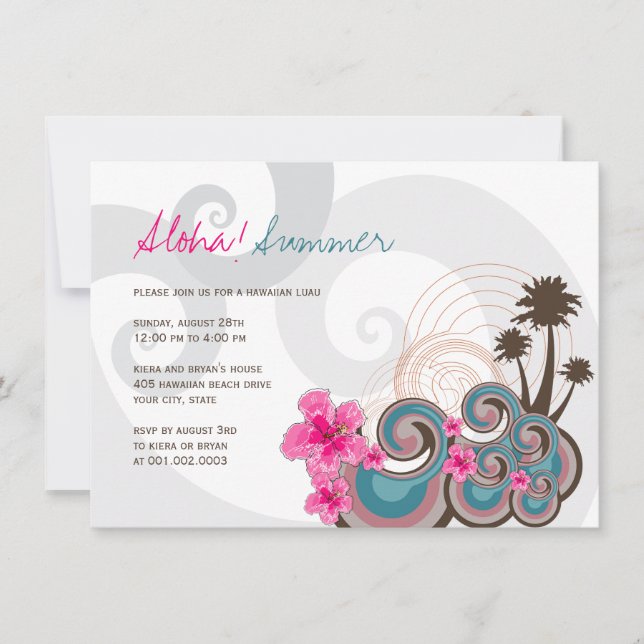 Tropical Waves Hibiscus Hawaiian Luau Summer Party Invitation (Front)