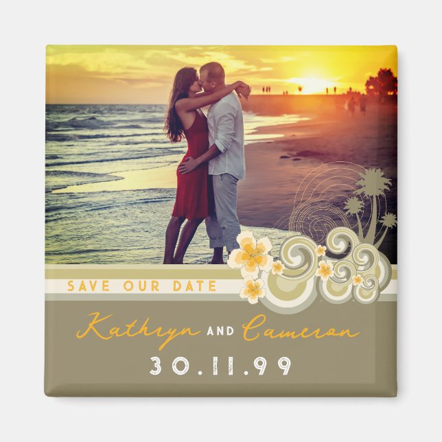 Tropical Waves Hibiscus Palm Trees Save The Date Magnet (Front)