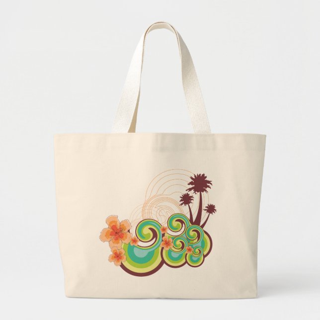 Tropical Waves Hibiscus Summer Beach Palm Trees Large Tote Bag (Front)