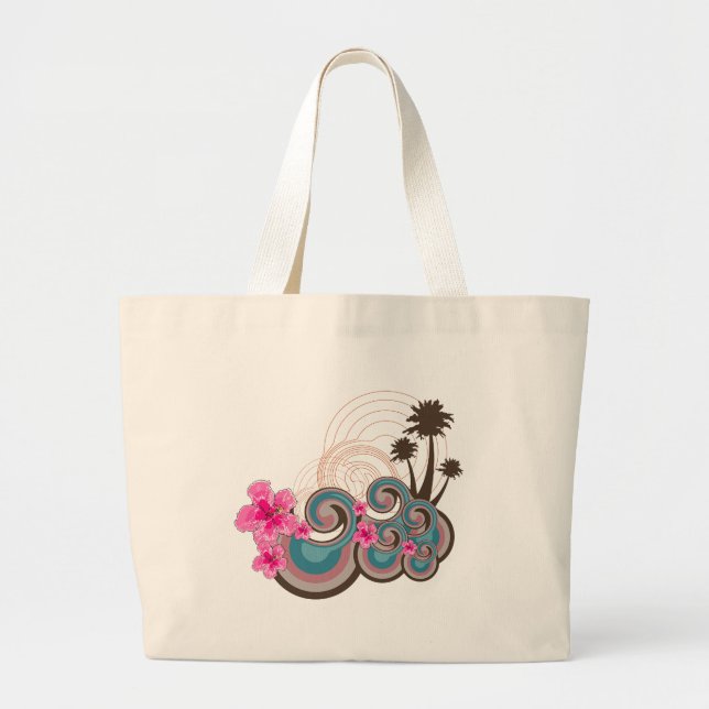 Tropical Waves Hot Pink Hibiscus Beach Palm Trees Large Tote Bag (Front)