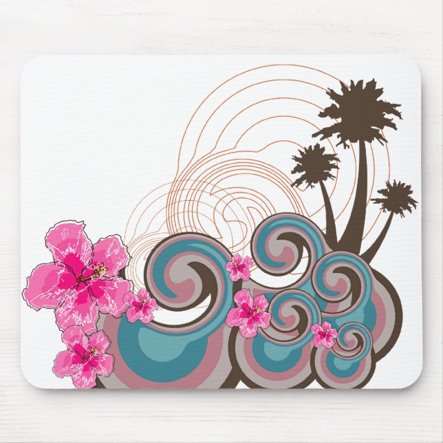 Tropical Waves Hot Pink Hibiscus Beach Palm Trees Mouse Mat (Front)