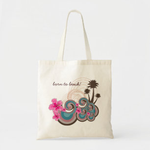 Tropical Waves Hot Pink Hibiscus Beach Palm Trees Tote Bag