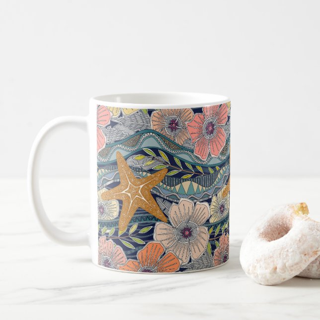 tropical waves navy coffee mug (With Donut)