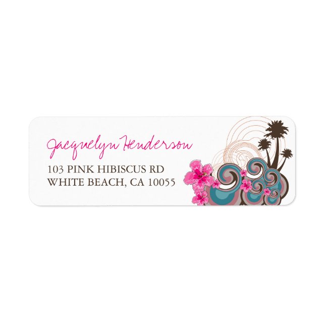 Tropical Waves Pink Hibiscus Beach Wedding Labels (Front)