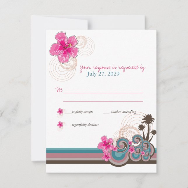 Tropical Waves Pink Hibiscus Destination Wedding RSVP Card (Front)