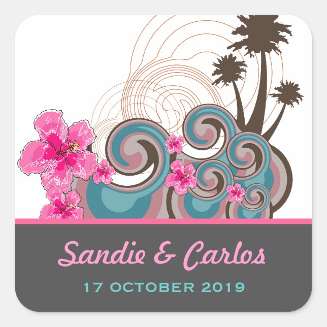 Tropical Waves Pink Hibiscus Destination Wedding Square Sticker (Front)