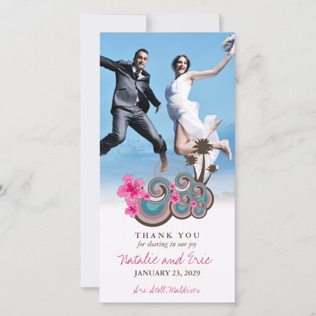 Tropical Waves Pink Hibiscus Destination Wedding Thank You Card (Front)