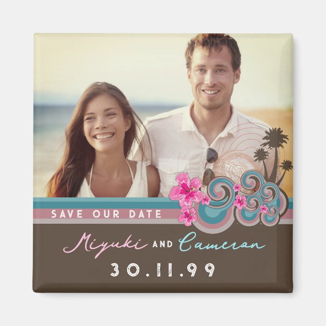 Tropical Waves Pink Hibiscus Photo Save The Date Magnet (Front)