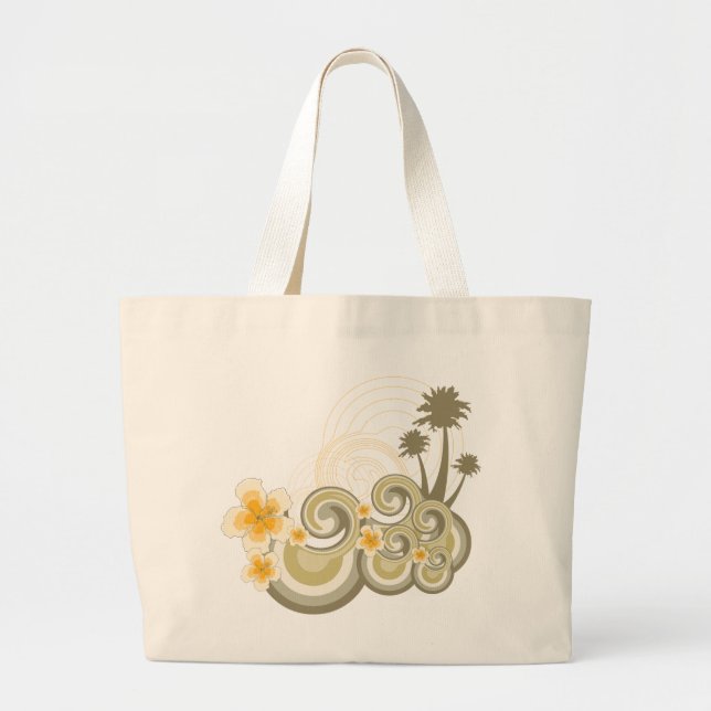 Tropical Waves Yellow Hibiscus Palm Trees Beach Large Tote Bag (Front)