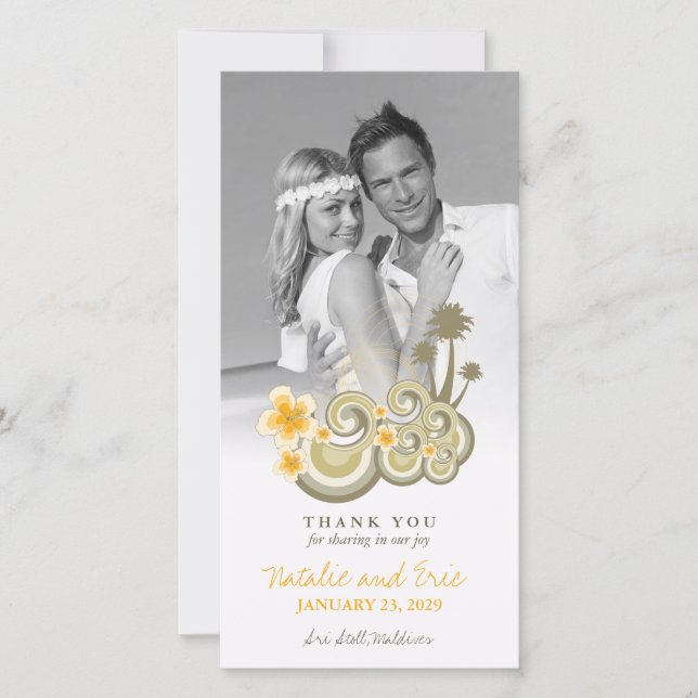 Tropical Waves Yellow Hibiscus Palm Trees Wedding Thank You Card (Front)