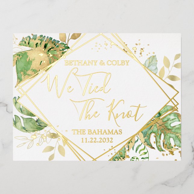 Tropical We Tied the Knot Elopement Reception Foil Invitation Postcard (Front)