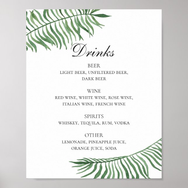 Tropical wedding alcohol bar. Watercolor greenery Poster (Front)
