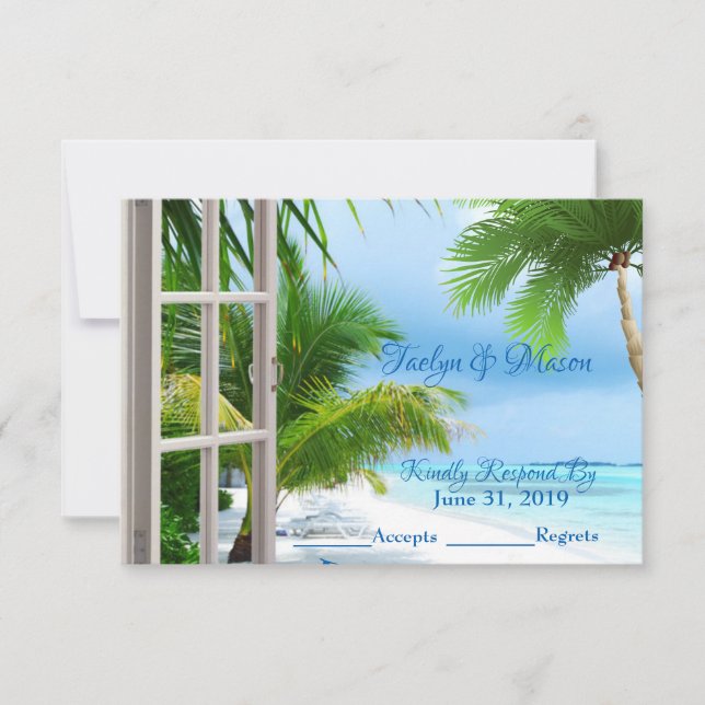 Tropical Wedding Beach Scene Wedding RSVP Card (Front)