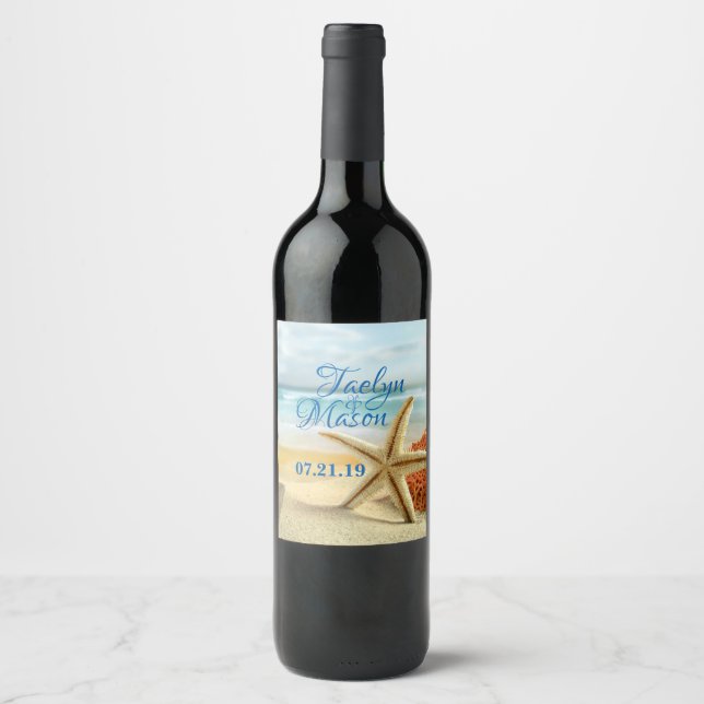 Tropical Wedding Beach Scene Wine Bottle Label (Front)