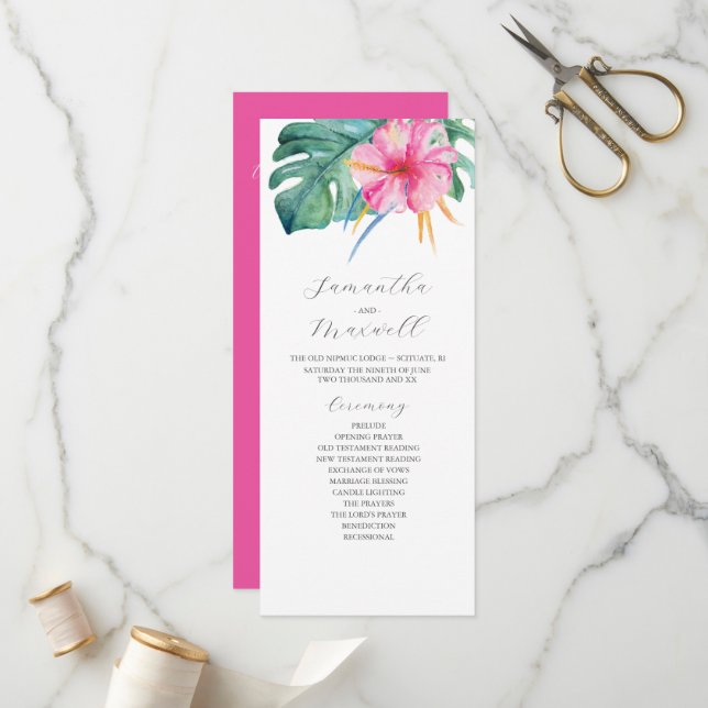 Tropical Wedding Ceremony Programs Pink Flowers Programme (Front/Back In Situ)