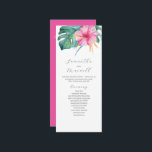 Tropical Wedding Ceremony Programs Pink Flowers Programme<br><div class="desc">These tropical wedding ceremony programs feature a vibrant pink hibiscus flower with monstera palm leaves. Use the template fields to add your order of service. The tea length card reverses to a matching fuchsia pink colour. A botanical choice for garden and destination weddings. To see more unique designs like this...</div>