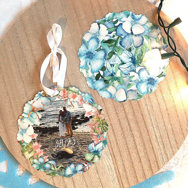 Tropical Wedding Commemorative Christmas Ornament (Tropical Christmas, Commemorative Ornament, Blue Hibiscus Flower Wreath)