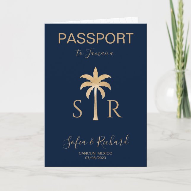 Tropical Wedding Destination Passport Palm JAMAICA Invitation (Front)