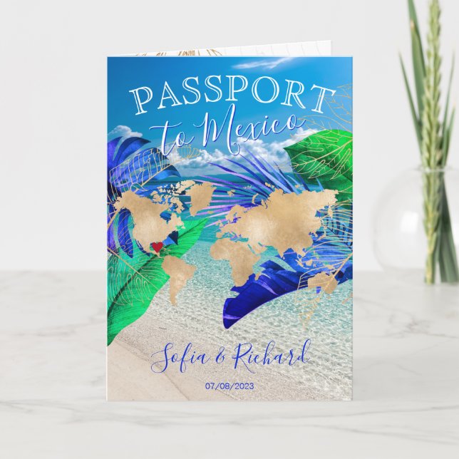 Tropical Wedding Destination Passport World Map In Invitation (Front)
