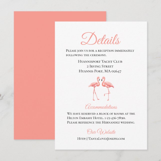 Tropical  Wedding Details Pink Flamingo Beach Cute Invitation (Front/Back)