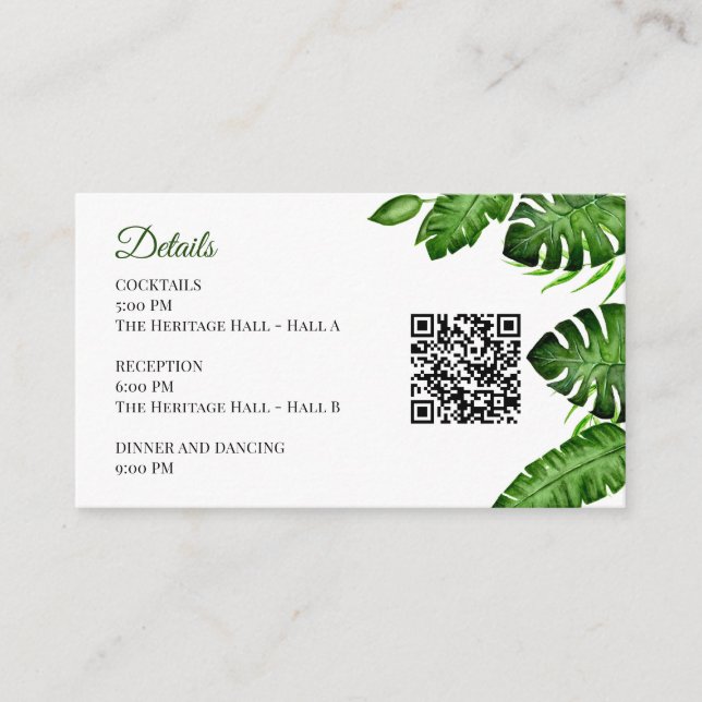 Tropical Wedding Details QR Code Monstera Greenery Enclosure Card (Front)