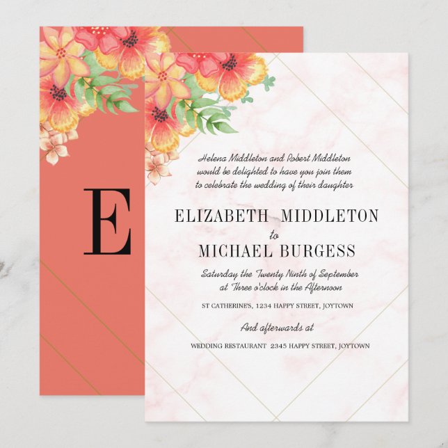 Tropical Wedding Floral Coral Modern Chic Invitation (Front/Back)