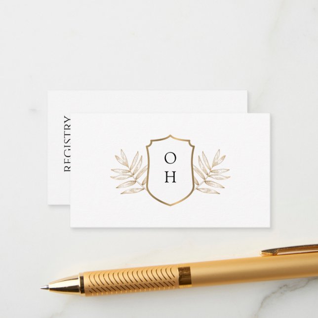 Tropical Wedding Gift Registry | Gold Monogram Enclosure Card (Front/Back In Situ)