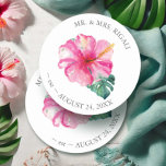 Tropical Wedding Hibiscus Flower Round Paper Coaster<br><div class="desc">Add a touch of tropical elegance to your rehearsal dinner or engagement party with these personalised coasters. Featuring a replica of my original watercolor artwork, this design showcases vibrant hibiscus flowers and lush monstera palm leaves in stunning shades of pink and green. Perfect for a destination wedding in Florida or...</div>