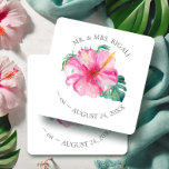 Tropical Wedding Hibiscus Flower Square Paper Coaster<br><div class="desc">Tropical wedding coasters were designed using a replica of my original watercolor hibiscus flower and monstera palm leaves in vibrant shades of pinks and greens. Personalise with your name and wedding date. To see more luau wedding favours and party decor visit www.zazzle.com/dotellabelle</div>