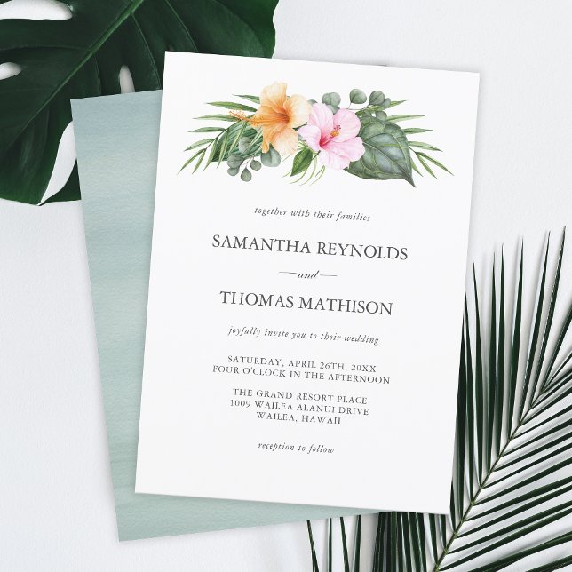 Tropical Wedding in Paradise Watercolor Floral Invitation (Plan your wedding in paradise with this watercolor botanical tropical invitation design.)