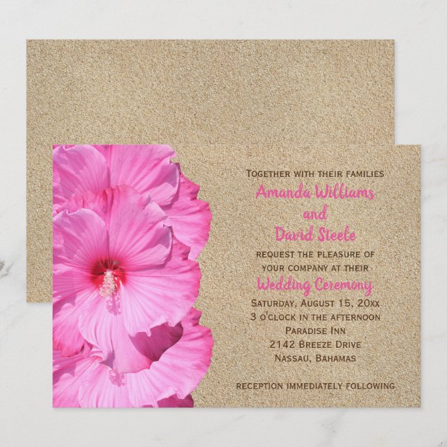 Tropical Wedding Invitation (beach sand & pink) (Front/Back)