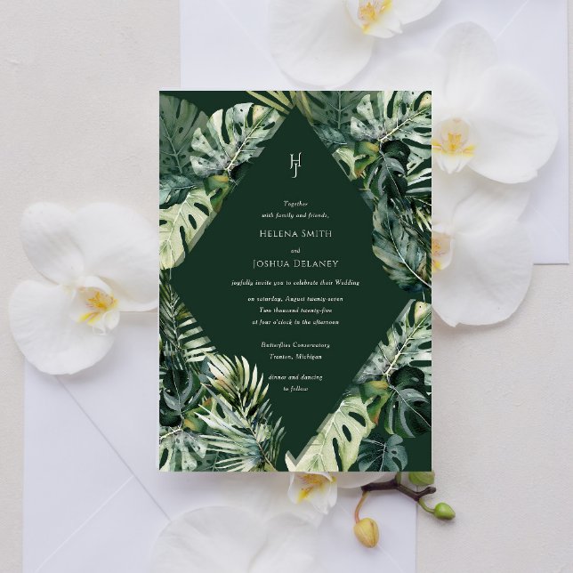 Tropical Wedding Invitation, Moody Botanical Invitation (Tropical wedding invitation modern - Emerald green)