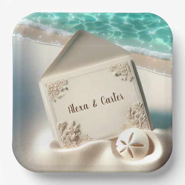 Tropical Wedding Invitation On a Beach Paper Plate (Front)