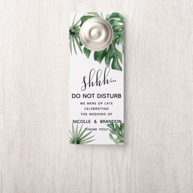 Tropical wedding leaves and palms do not disturb door hanger (On Knob)