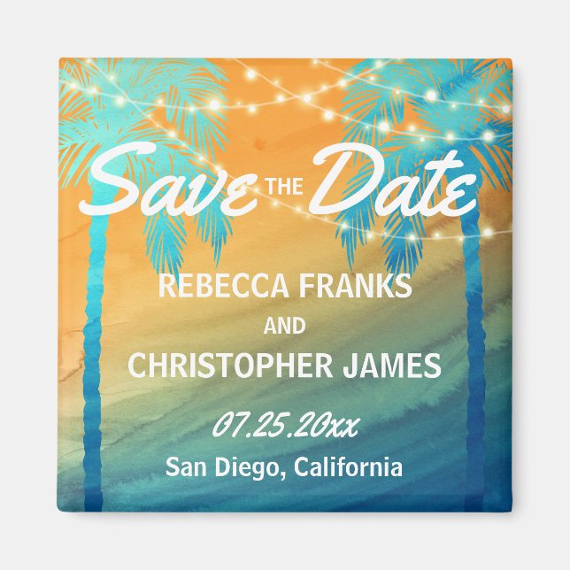 Tropical Wedding Palm Trees Save the Date Magnets (Front)
