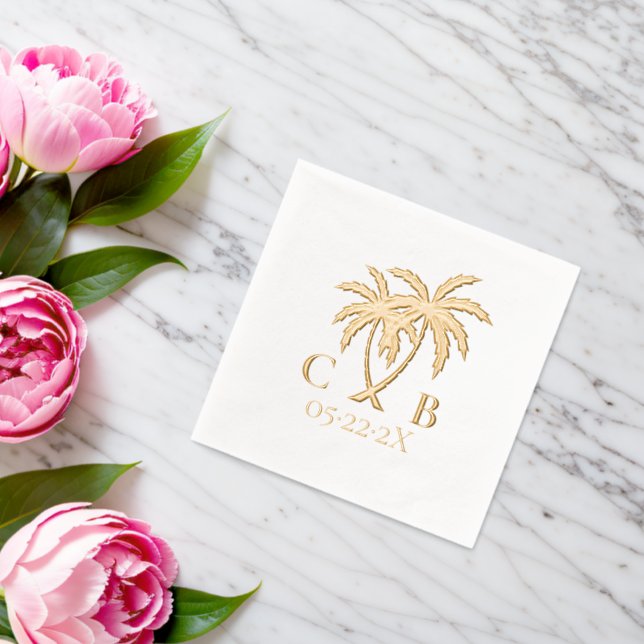 Tropical Wedding Palms Couple Initials & Date Foil Napkins (Insitu (Wedding))