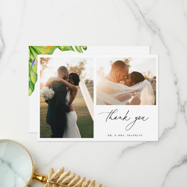 Tropical Wedding Photo Thank You Card (Front/Back In Situ)